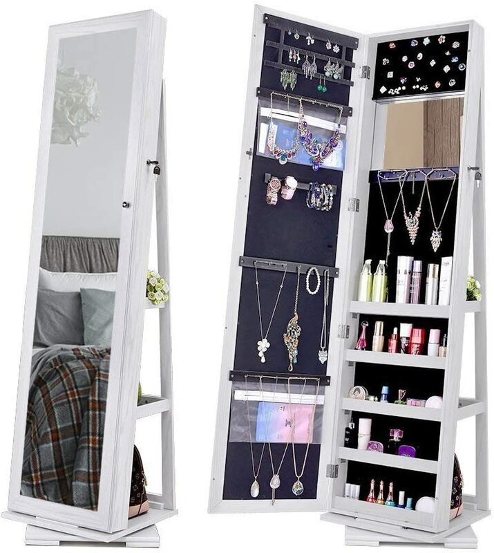 Mirror Cabinet 360° Rotating Jewelry Armoire with Full Length Mirror Lockable Cabinet Organizer