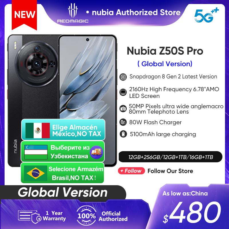 Nubia-Z50S Pro 5G Versão Global Snapdragon Flexível 8 Gen 2, 120Hz AMOLED, Câmeras Duplas de 50MP, Carregamento Rápido 80W, 6,78 ", mais recente