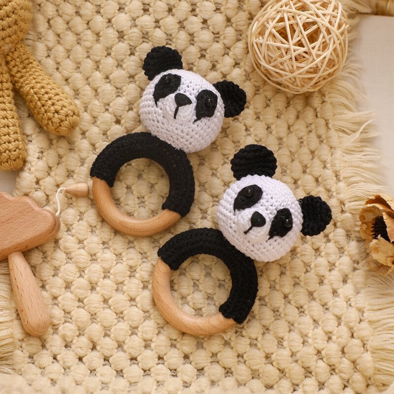 Newborn Baby Rattle Cartoon Animal Crochet Panda Rattle Sensory Toy Grab Ability Training Toy Baby Wooden Teether Children Gift