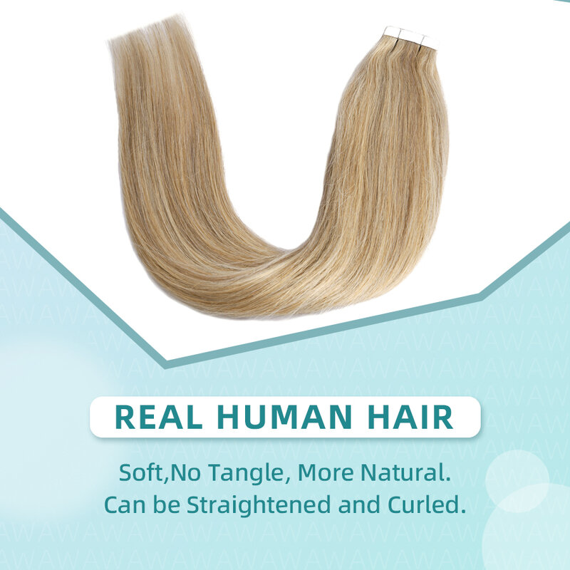 AW ekstensi rambut manusia 12 "-24", pita ekstensi rambut alami tak terlihat lurus Eropa untuk wanita