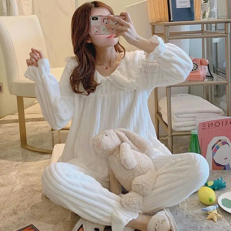 Conjuntos de Pijama Kawaii de manga comprida feminino, camisolas de renda flanela, roupa caseira estampada, solto, quente, moda coreana, pijamas, roupas