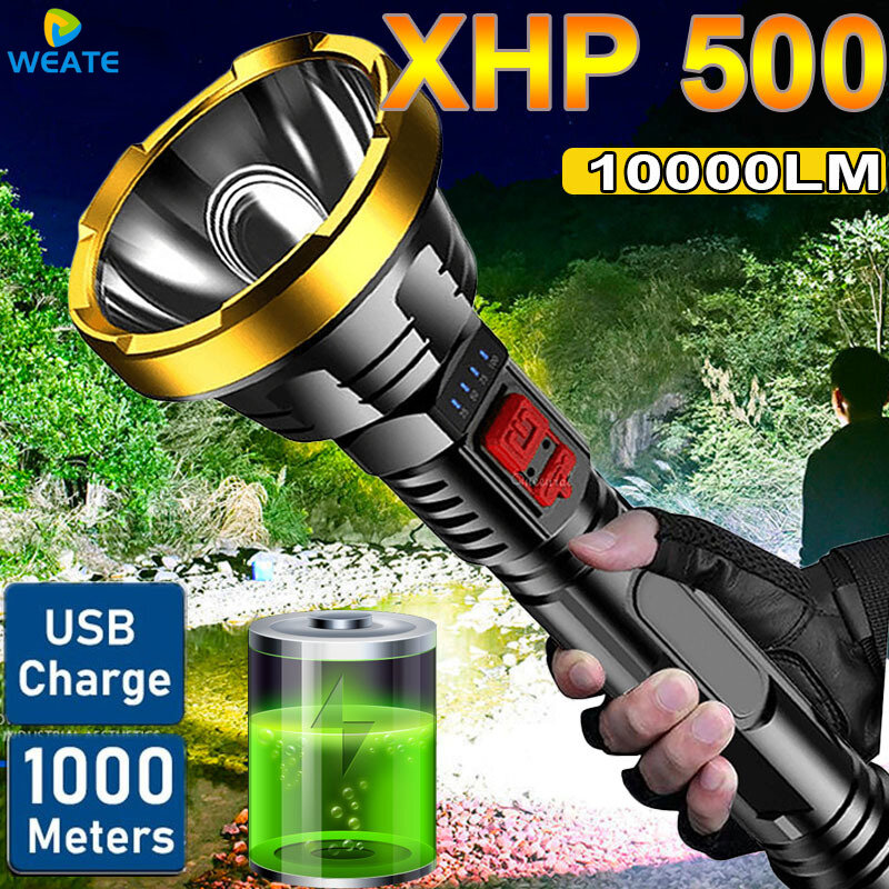 500000LM Senter LED Kuat P700 Lampu Kilat Taktis Jarak Jauh 1000M Senter Tahan Air Lampu Tangan Berkemah USB Dapat Diisi Ulang