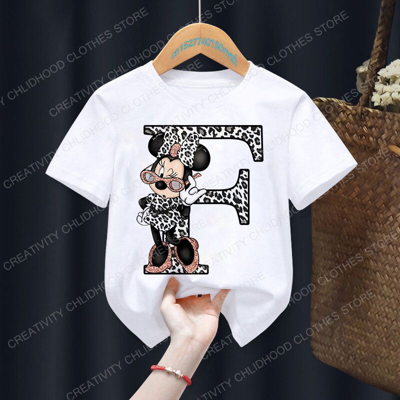 Camiseta de Minnie Letter A B C D para niños, ropa Kawaii de Disney para niñas, camiseta de dibujos animados de Anime, Tops casuales para niños, Tops de manga corta