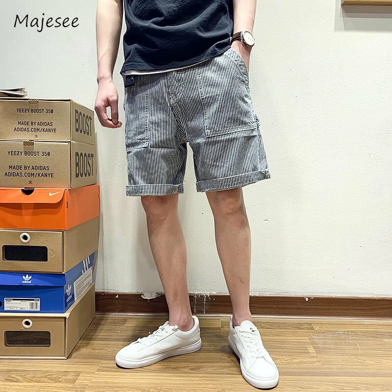 Gestreifte Shorts Männer Baggy knielange Manschetten im japanischen Stil High Street Fitness stilvolle Sommer kausale Teenager weites Bein All-Match