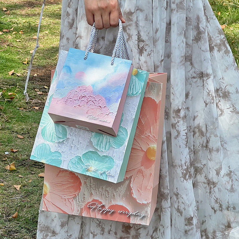 Festival Handbag Beautiful Oil Painting Blooming Flower Tote Bag Women Portable Gift Packaging Paper Bags Large Shopping Bag