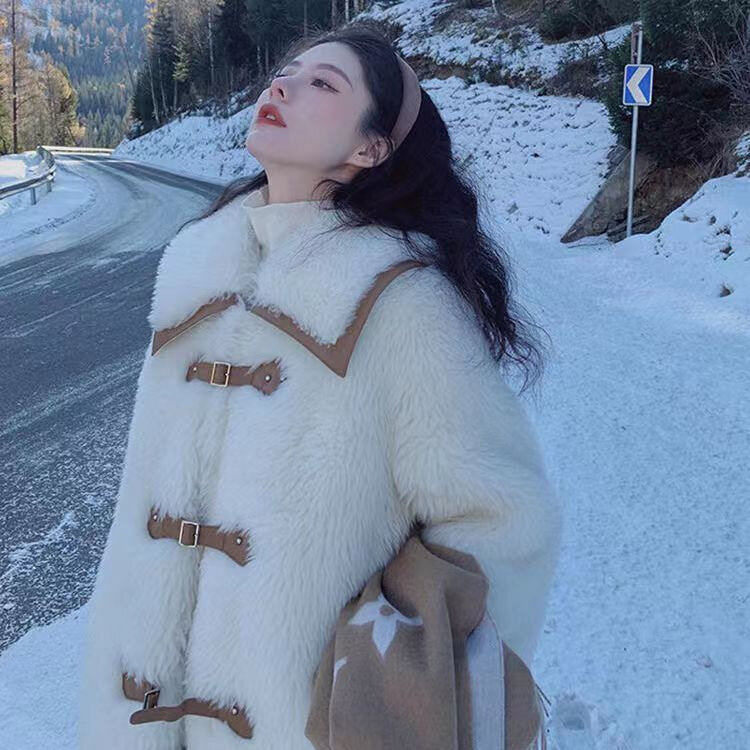 Mantel wol domba wanita, mantel terintegrasi bulu muda longgar empuk Korea wol musim dingin