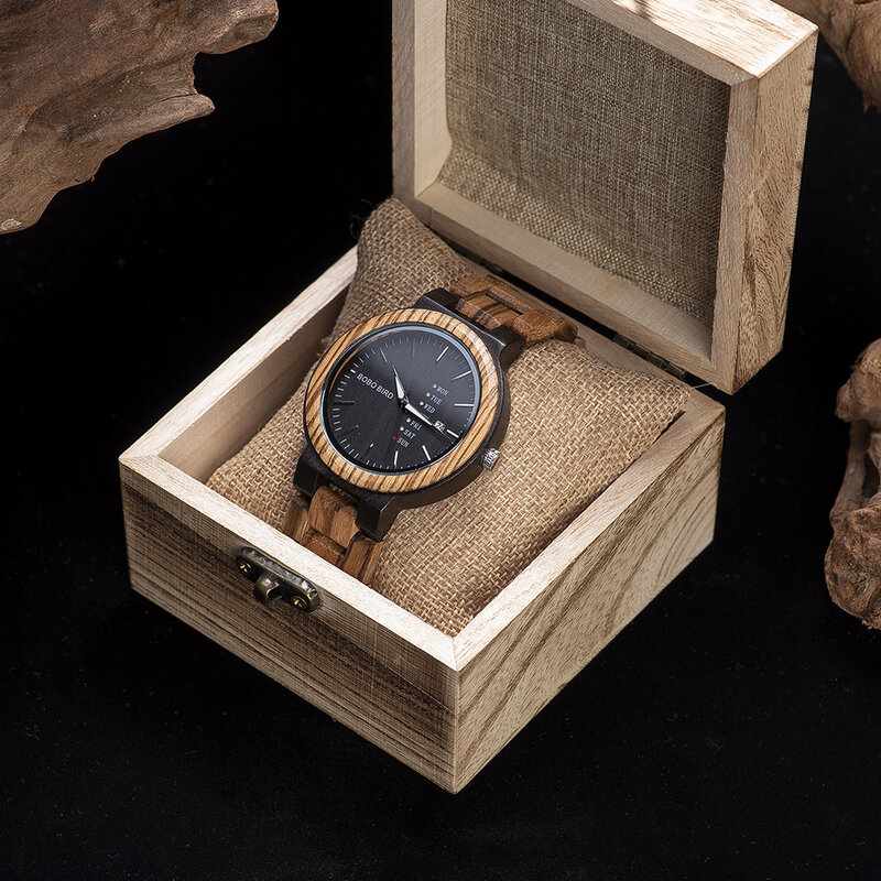 Bobo pássaro antigo relógios de madeira para o homem data e semana exibição marca luxo relógio em caixa de presente de madeira relogio masculino dropship