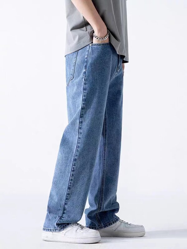 Новинка 2023, летние мужские джинсы, прямые джинсовые штаны с поясом, хлопковые уличные Свободные повседневные синие длинные джинсы штаны