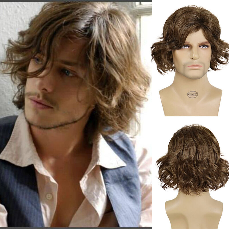 Mens Fluffy Brown Wig Synthetic Hair Short Natural Curly Wigs with Bangs for Male Daily Party Halloween Costume Heat Resistant