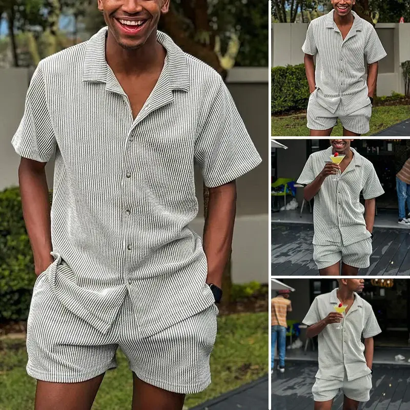 Casual Lapel Button Shirts&Shorts Set Men Clothing 2024 Short Sleeve Solid Beach Suits Fashion Striped Jacquard Two Piece Set