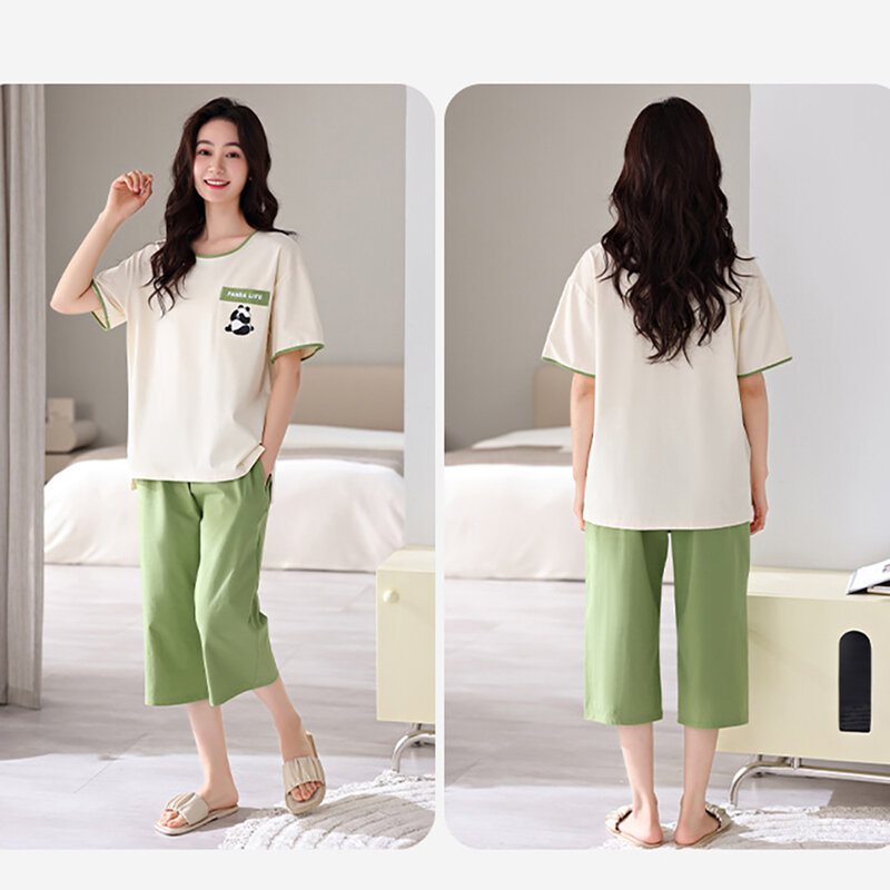 100% Cotton M-3XL Big Size Korean Reviews Many Pajamas Set Summer Short Sleeve Cute Panda Sleepwear Soft Loose Breathable Pajama
