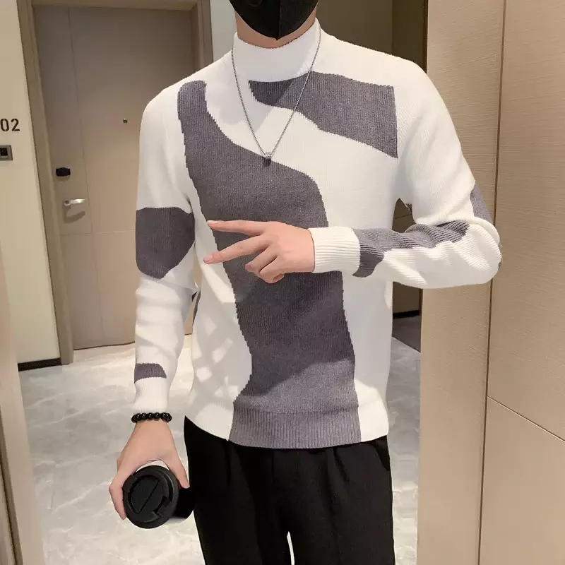 2023 Autumn/Winter Colored Half Turtleneck Sweater Men Long Sleeve Slim Fit Casual Pullover Social Underlying Knitwear Tops