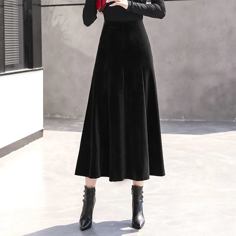 Ouro veludo saias longas estilo coreano vermelho preto maxi saia para o outono inverno cintura alta saia plissada saias de escritório das mulheres faldas