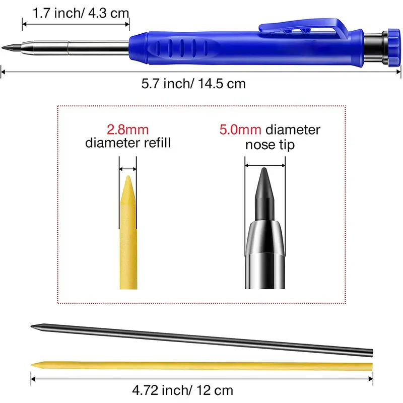 Satu Set pensil tukang kayu padat, alat pengerjaan kayu, Set Pensil mekanis 3 warna isi ulang dengan rautan bawaan