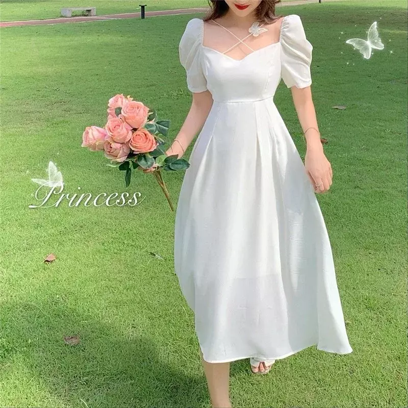 2024 New Women Summer White Dress Puff Sleeve Party Dating Dress Square Neck A-line Fashion Casual Solid Holiday Dress