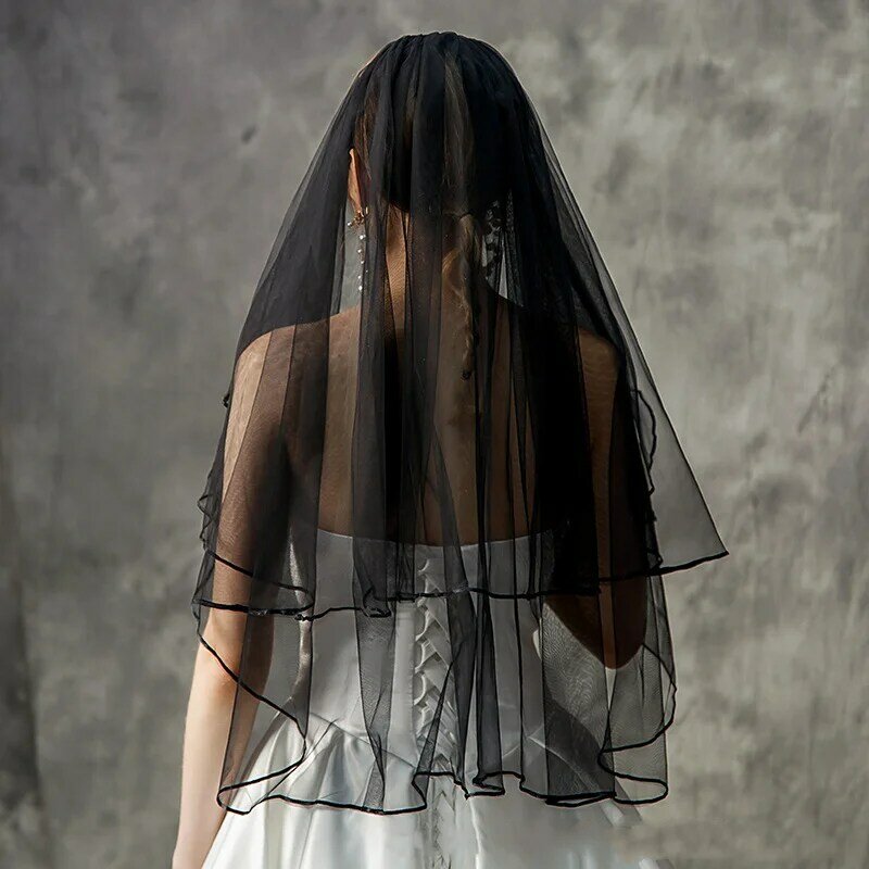 Véu curto do casamento com borda da fita, duas camadas, véu nupcial com pente, preto marfim, tule branco, acessórios do casamento