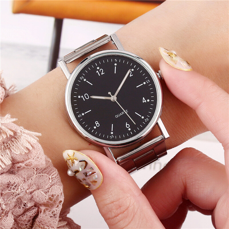 여성용 스테인리스 스틸 야광 다이얼 쿼츠 시계, 세련된 심플 쿼츠 손목시계, Reloj Mujer Montre Femmes