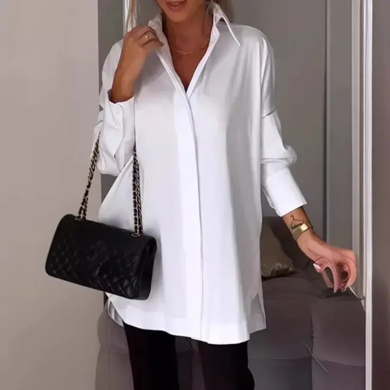 Blusa de manga larga holgada para mujer, camisa de gran tamaño con cuello vuelto, color negro, informal, elegante, a la moda, para primavera, 2024