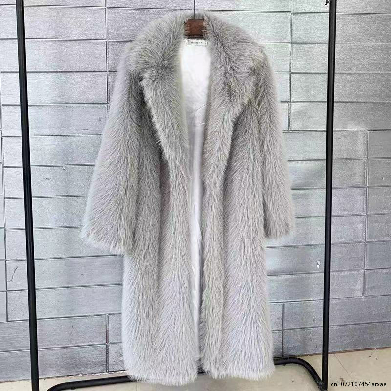 Zima kobiety wysokiej jakości płaszcz ze sztucznego futra luksusowe długi futrzany płaszcz luźny, z klapami płaszcz gruby ciepły kobiet pluszowe płaszcze czarny biały