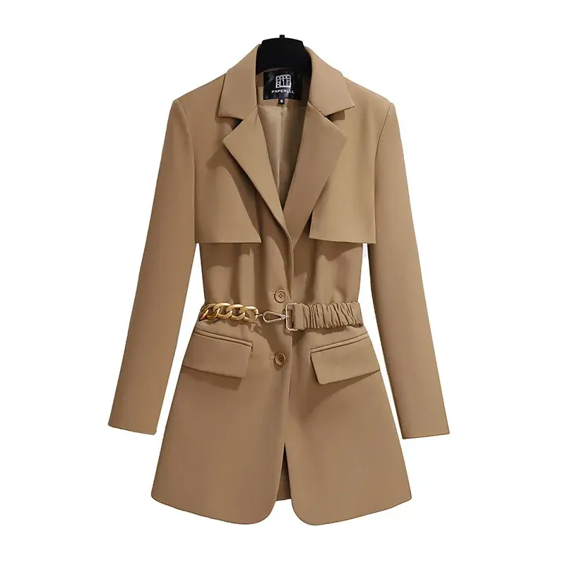 Pakaian kerja wanita Khaki, jas 1 potong Blazer dengan jaket sabuk, pakaian kerja kantor Single Breasted Formal, mantel panjang musim gugur