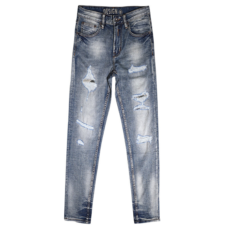 Новые модные дизайнерские мужские джинсы в стиле ретро синие эластичные облегающие рваные джинсы с потертостями Мужские Винтажные джинсовые брюки с заплатками