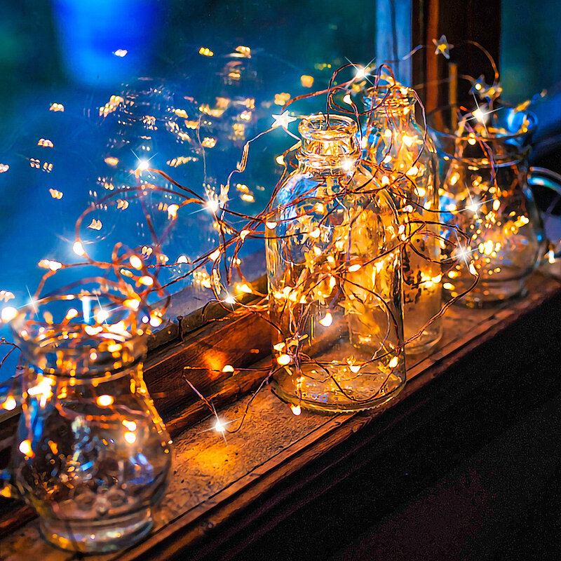 Copper Wire LED String Lights, Guirlanda a pilhas USB, Luzes de fadas, Impermeável, Interior, Exterior, Natal, Decoração para festas de casamento, 2 m, 10m