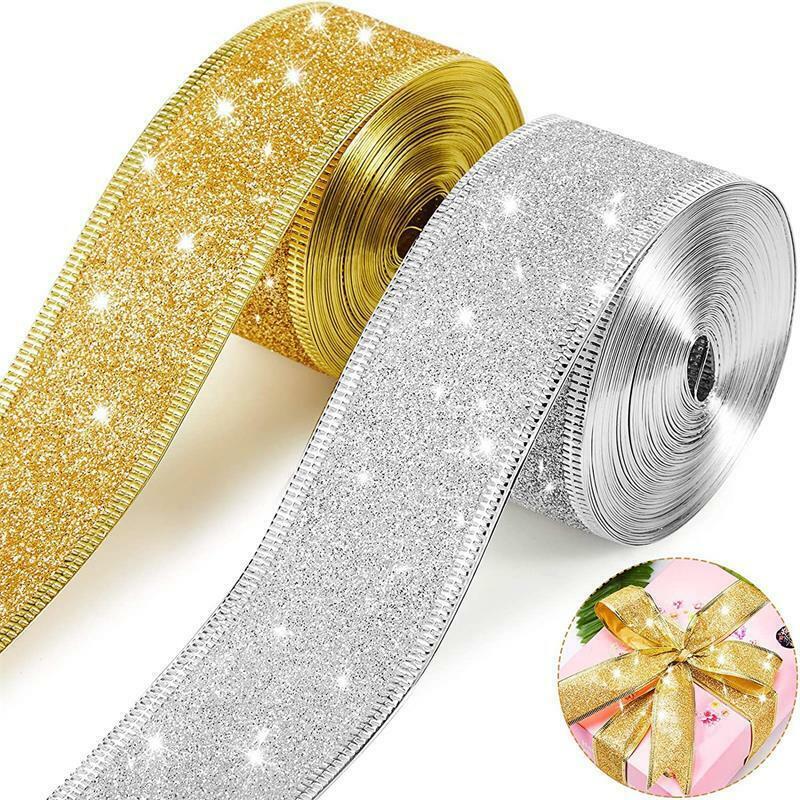 Wired Edge Glitter Christmas Ribbon para embrulho de presentes, Xmas Tree Bowknot, Wreath Ornament Decoration, 50mm