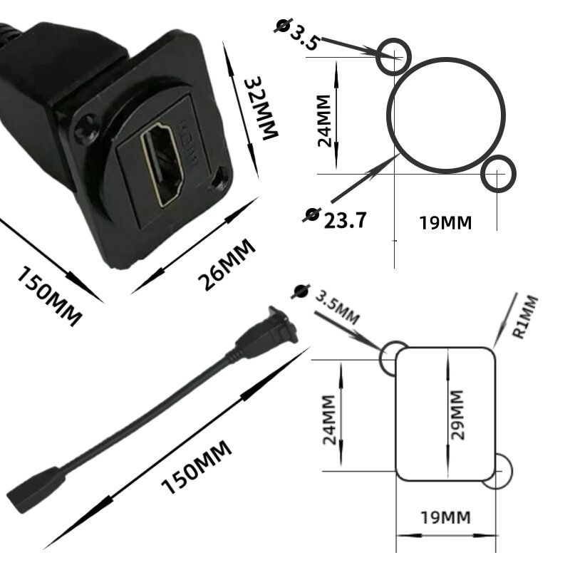 Connecteur d'adaptateur de panneau fixe à vis, coude HDMI de type D, amarrage droit à 90 degrés, noir, argent, câble d'extension de 15mm