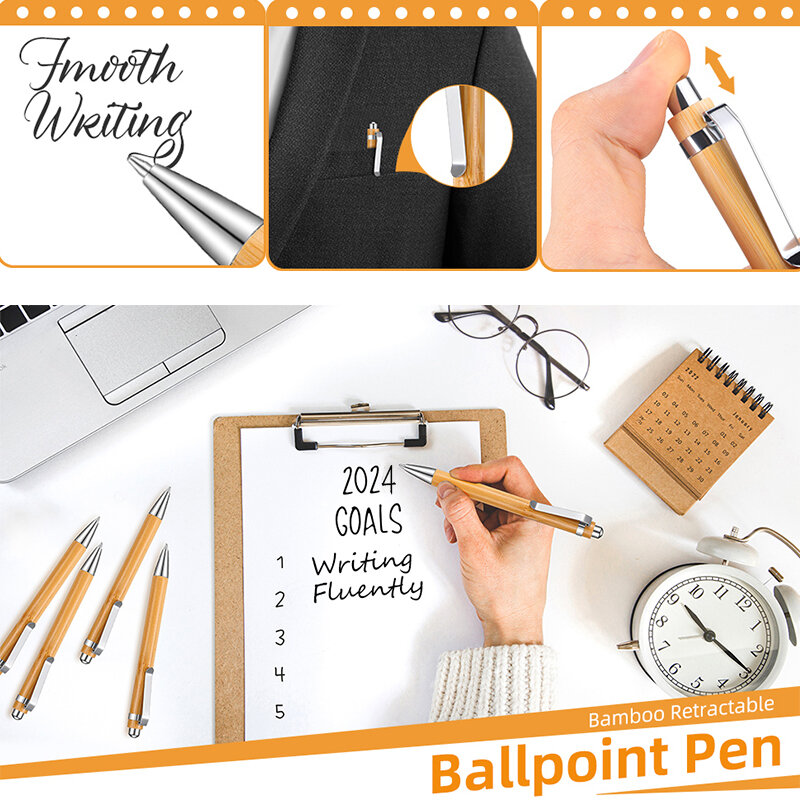 竹ボールペン、格納式、黒インク、1mm、家庭、オフィス、学校用、30本