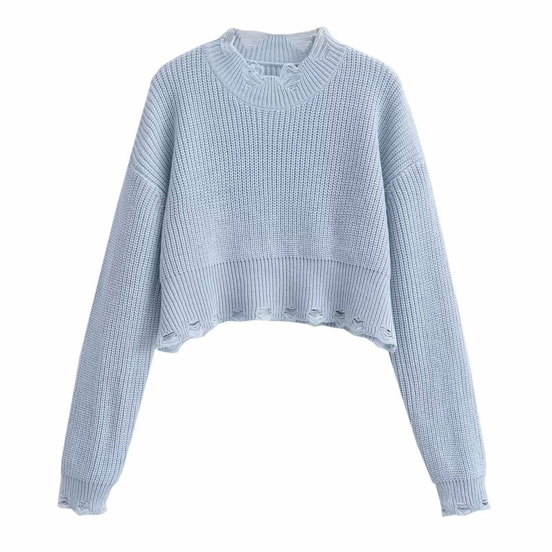 Dave&Di French Lazy Wind Hole Retro Pullover  Gilrs Sweater Fashion Sky Blue Casual Knitwear Women