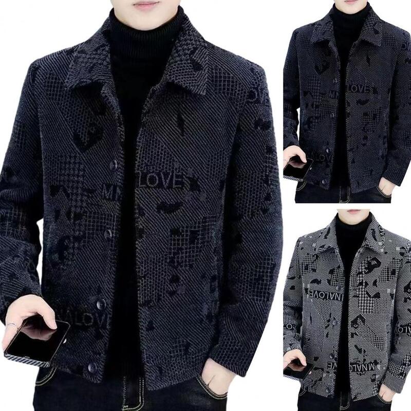 Men Outerwear Thick Warm Lapel Men's Fall Winter Coat Single-breasted Windproof Buttons Mid Length Casual Jacket Skin-friendly