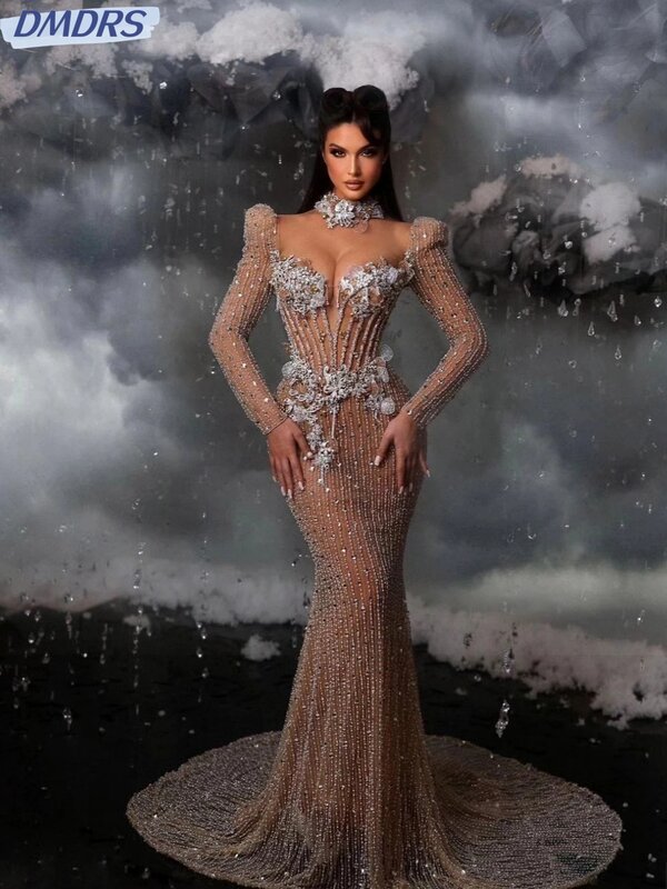 Sexy Illusion Deep v-neck abiti da Cocktail Sparkly Beads abito da sera in cristallo 2024 Luxury Mermaid Long Prom Gown Robe De Mariée