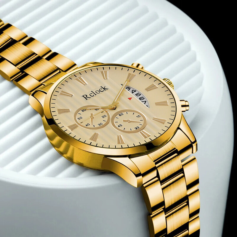 Relógio de quartzo de aço inoxidável masculino, pulseira de ouro, colar cruzado, relógios de negócios, moda casual, conjunto 3 peças