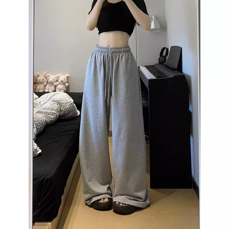 Deeptown-Pantalon de survêtement gris à jambe large pour femme, jogging droit vintage, pantalon de sport surdimensionné décontracté, mode FjKorean Streetwear