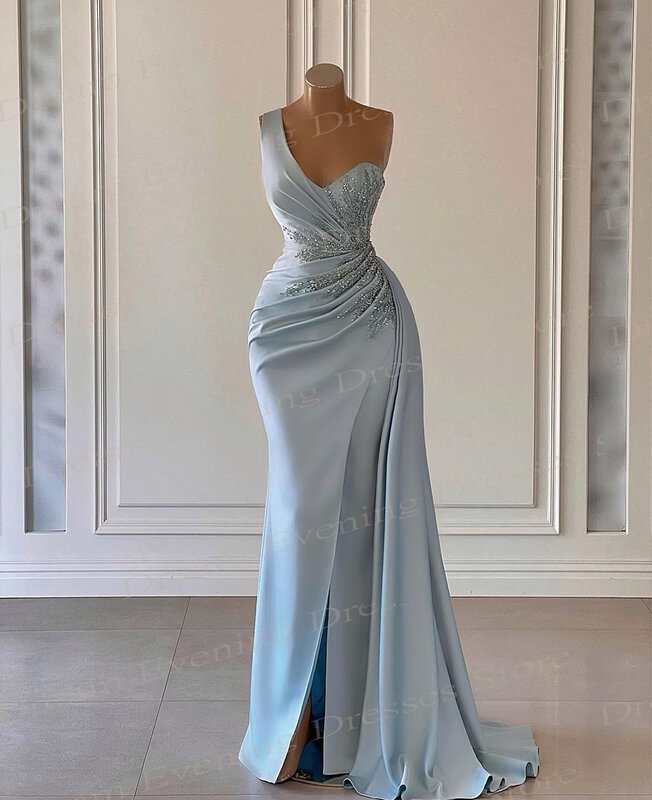 Simple Generous Blue Mermaid Evening Dresses 2024 Elegant Stain One-Shoulder Appliques Prom Gowns Sleeveless Vestidos De Noche
