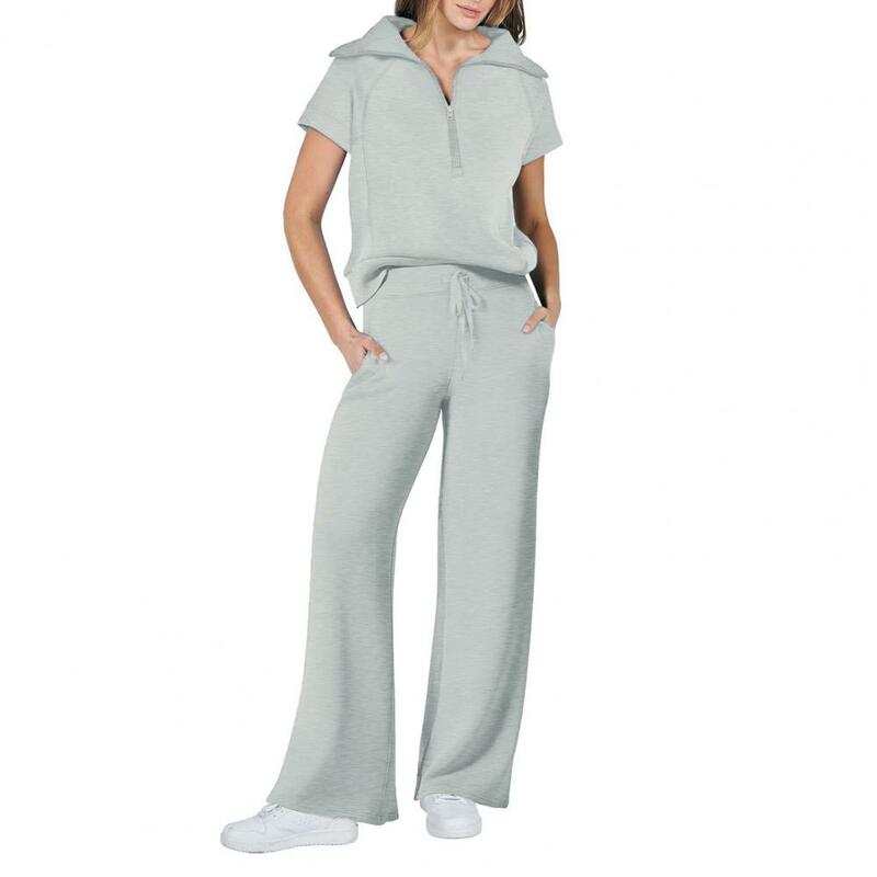 Conjunto de calças e top feminino elegante, gola virada para baixo, meio zíper, cor sólida, manga curta, camiseta para vestir