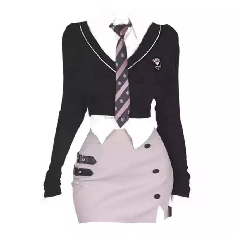 2023 Nieuwe Korea Girl Fashion Style Daily Jk Uniform Chic Shirt Met Lange Mouwen Sweet Sexy Pure Jk Wrap Bilrok Set Voor Dames