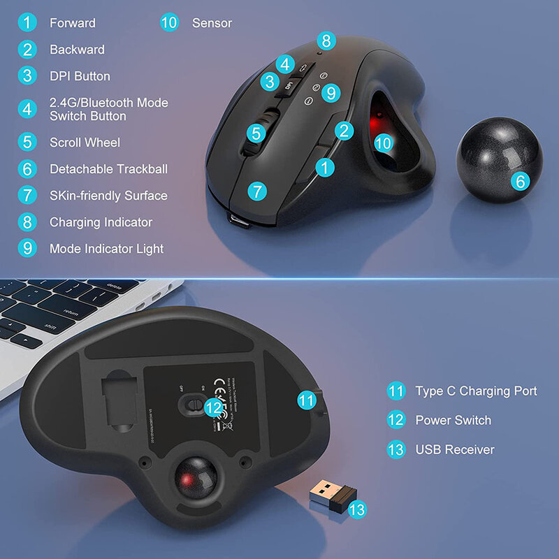 BOW 2.4G Mouse Trackball USB Bluetooth, Mouse nirkabel dapat diisi ulang ergonomis untuk Mac PC Gamer 2400DPI Mouse Gaming