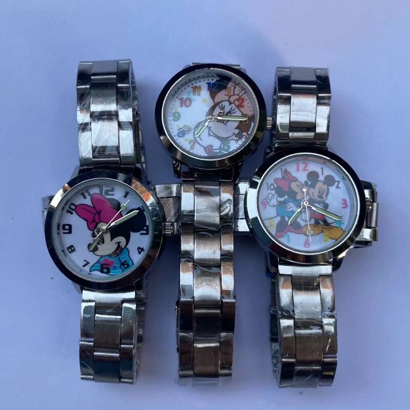 Disney Mickey e Minnie Crianças Relógios, Relógio de aço inoxidável dos desenhos animados para meninos e meninas, Relógio de pulso quartzo de alta qualidade