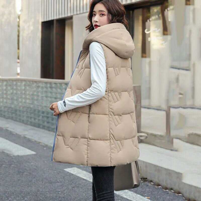 New Women's Double-sided Can Wear Down Cotton Waistcoat Autumn Winter New Long Hooded Cotton Vest Coat Female Warm Padded Vests