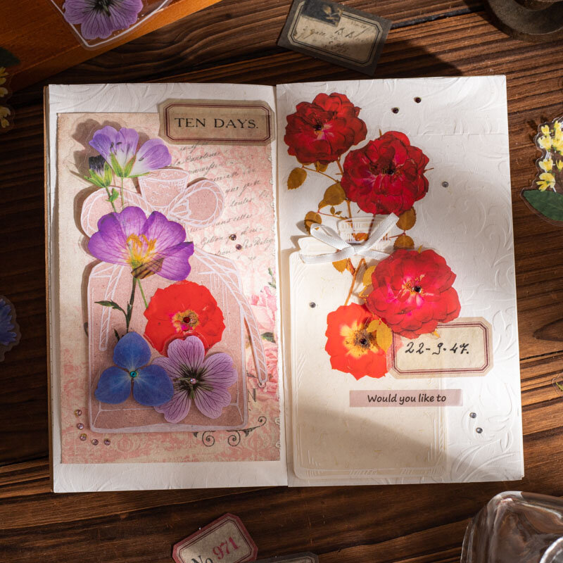 สติกเกอร์ตกแต่งอัลบั้มภาพชุดย้อนยุคปากกาเมมโมรีลายดอกไม้แห้ง6ชุด