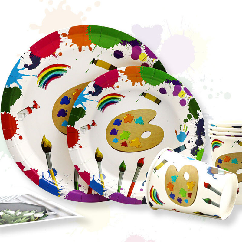 Peralatan makan sekali pakai pesta taman kanak-kanak, piring cangkir kertas lukisan artistik grafiti untuk siswa anak-anak