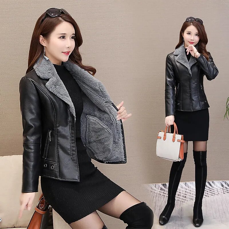 PU Leather Jacket Womens 2022 New Korean Fashion Thick Warm Fur All-in-One Leather Coat Womens Winter Large Size Short Jacket