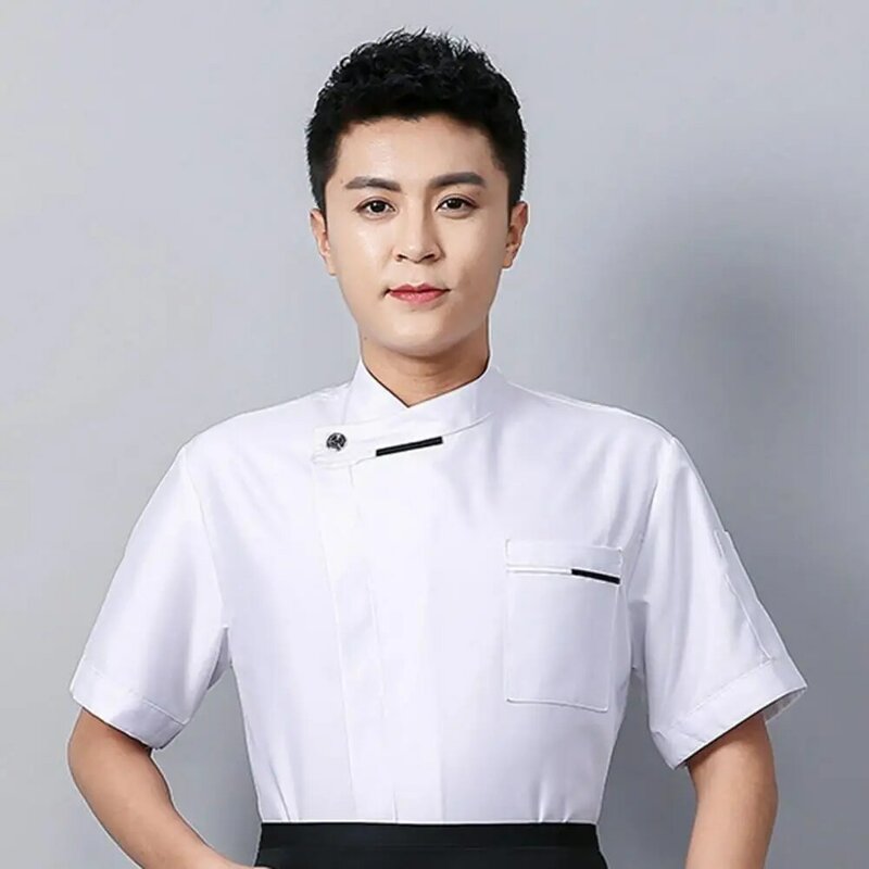 Uomo Chef uniforme professionale Chef Top Unisex colletto alla coreana manica corta abiti da lavoro per Sushi cucina cucina morbida traspirante