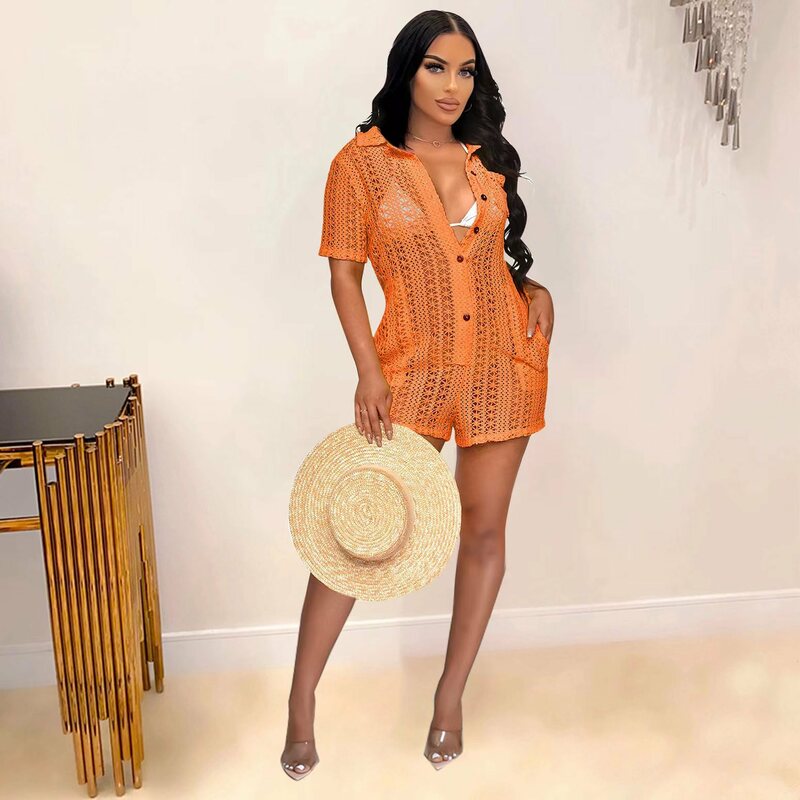 Ladies Summer Hollowed Out Jumpsuit Women Beach Cover Up Solid Color Sexy Hand Hook See Through Knitted Jumpsuit