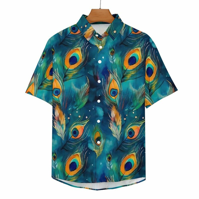 Aquarel Pauw Veren Casual Shirt Abstracte Kunst Strand Los Shirt Zomer Blouses Korte Mouwen Grafische Oversized Kleding