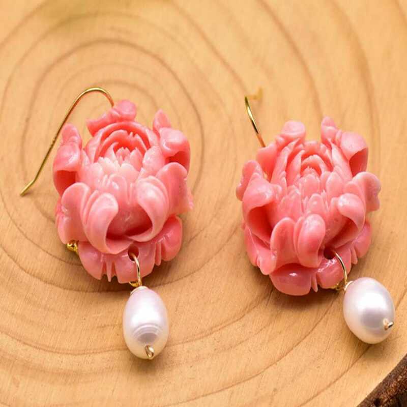 2022 nowe perły słodkowodne różowy koral kwiatowe kolczyki złoty kryształ obręcz wiszący kamień szlachetny formalne nastolatki srebrne czeskie kobiety