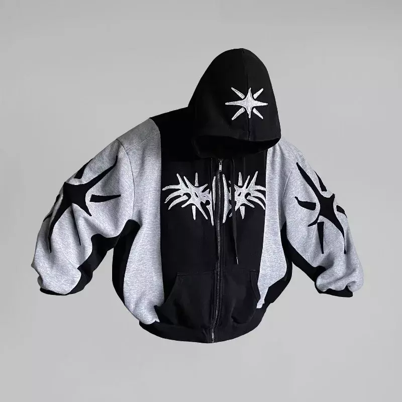 Y2K Harajuku  zip up hoodie vintage Patchwork Gothic Hip Hop streetwear Oversized Hoodie Men women Sweatshirt Fashion Casual Top