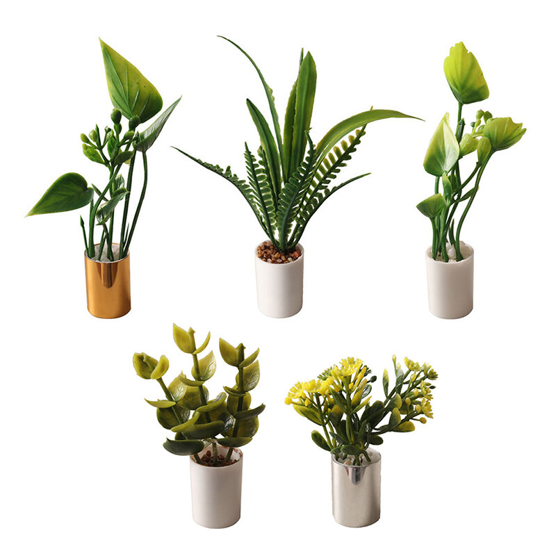 Miniature Green Leaves Potted Plant Toy, Doll House, Bonsai, Jardim, Decoração Acessórios, 1:12, 1Pc
