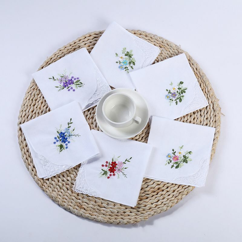 5Pcs/Set 11x11 Inch Womens Cotton Square Handkerchiefs Floral Embroidered with for Butterfly Lace Corner Pocket Hanky